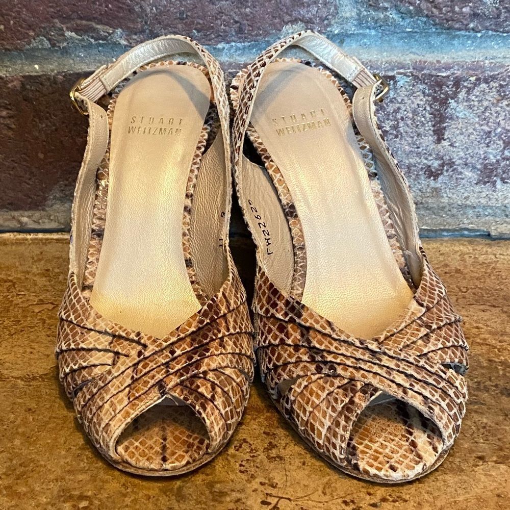 Stuart weitzman brown snakeskin slingback peep toe sandals